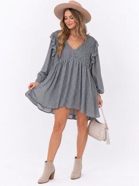 Reverof Ruffle Mini Dress Womens L Blue Gray Lined Boho Romantic Cottagecore